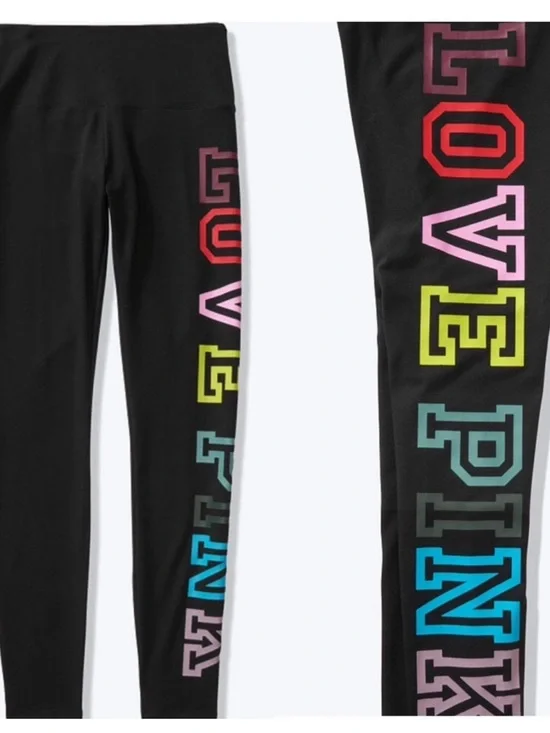 PINK Victoria's Secret Black Rainbow High-Waisted Leggings Logo Print Graphic L - Picture 16 of 16